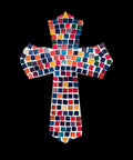 Handcrafted multicolor mosaic cross with intricate tile patterns, featuring vibrant colors and detailed craftsmanship.