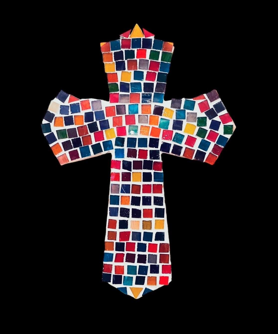 Handcrafted multicolor mosaic cross with intricate tile patterns, featuring vibrant colors and detailed craftsmanship.