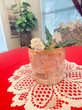 Handcrafted Mother of Pearl Mosaic Planter by Miss Bette's Creations with intricate pearl mosaic design and a round shape.