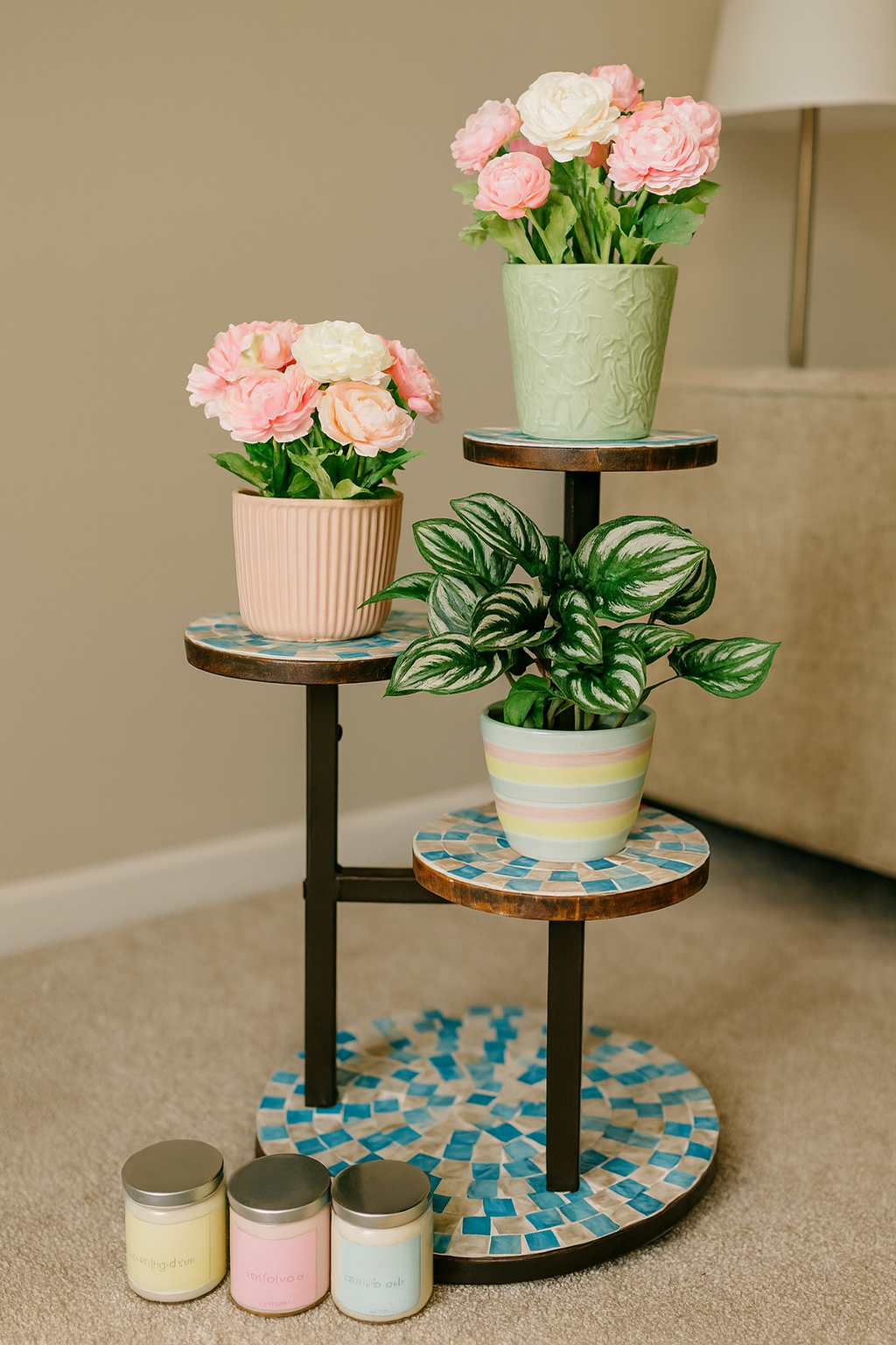 Multi-level 3-tier mosaic plant stand with colorful ceramic trays for indoor or outdoor use, featuring a sturdy metal frame.