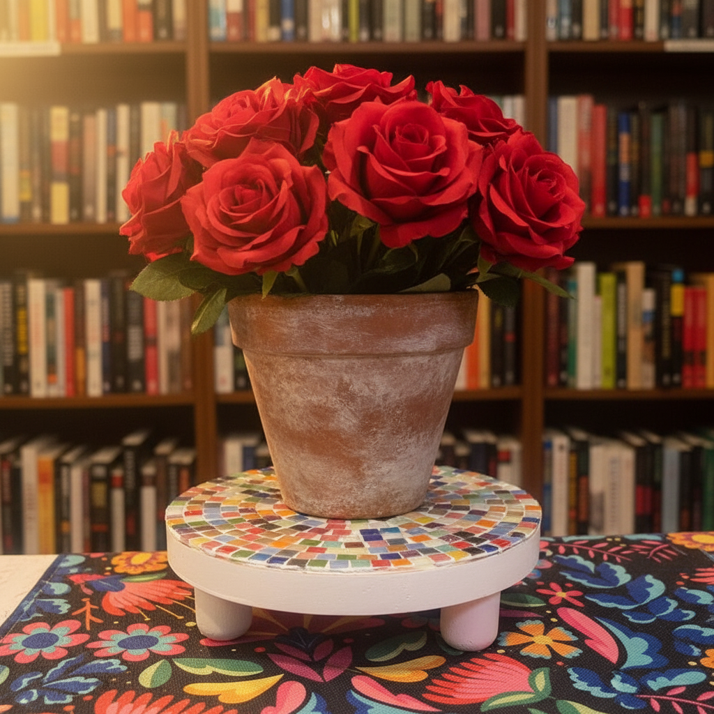 Handcrafted white rainbow mosaic plant stand with colorful tiled design, perfect for displaying indoor or outdoor plants.