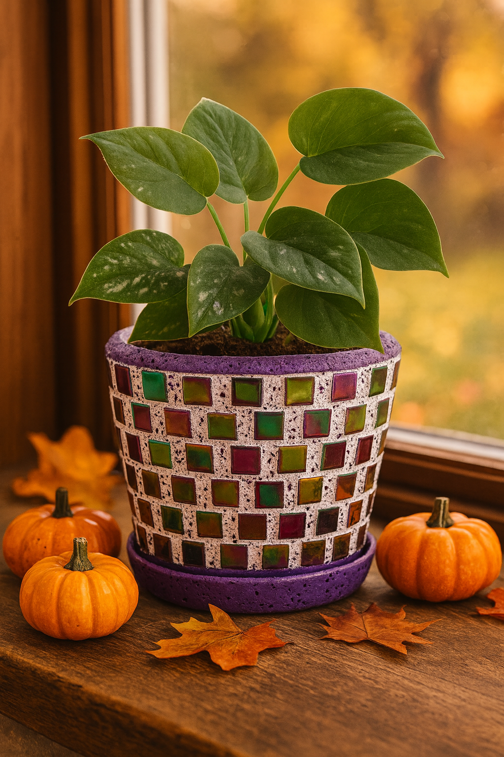 Colorful mosaic flower pot in purple and green with floral design, ideal for indoor or outdoor plants.