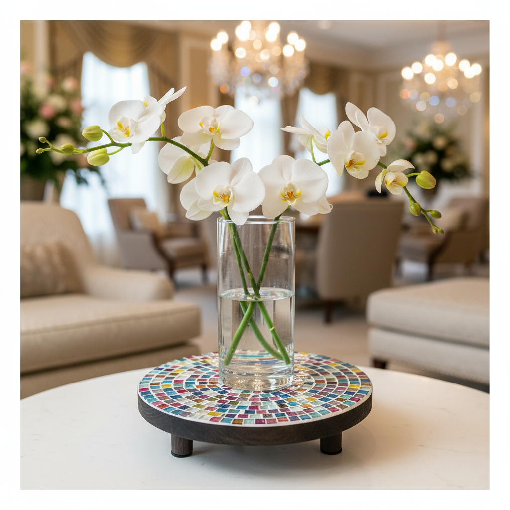 Handcrafted small rainbow mosaic plant stand with vibrant mosaic tiles, perfect for displaying potted plants indoors or outdoors.