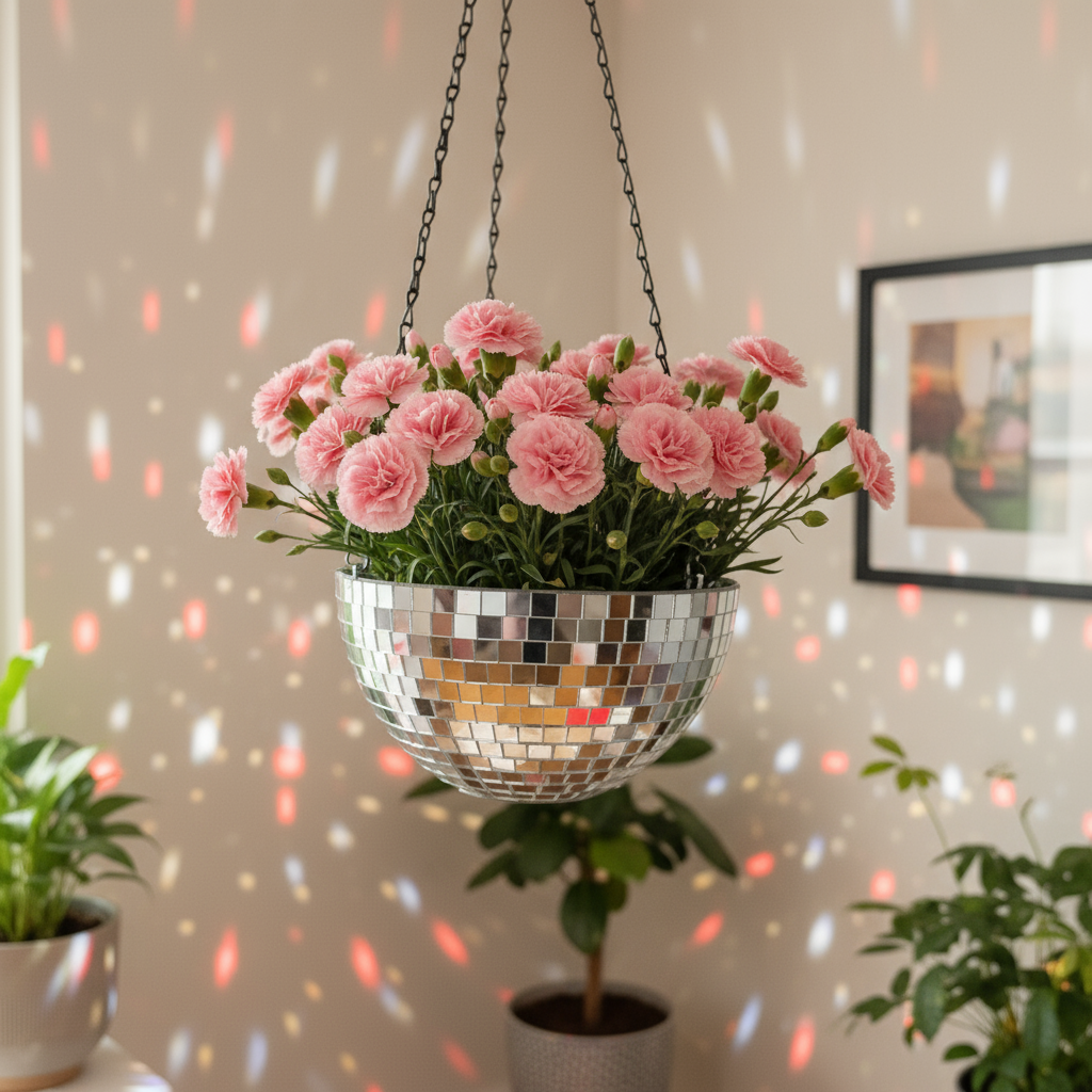 Hanging disco ball planter with artificial pink carnations, decorative floral arrangement for home decor by Miss Bette's Creations