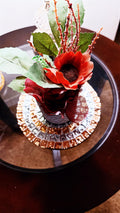 Set of handcrafted metallic mosaic plant stands with intricate patterns, ideal for displaying potted plants indoors or outdoors.