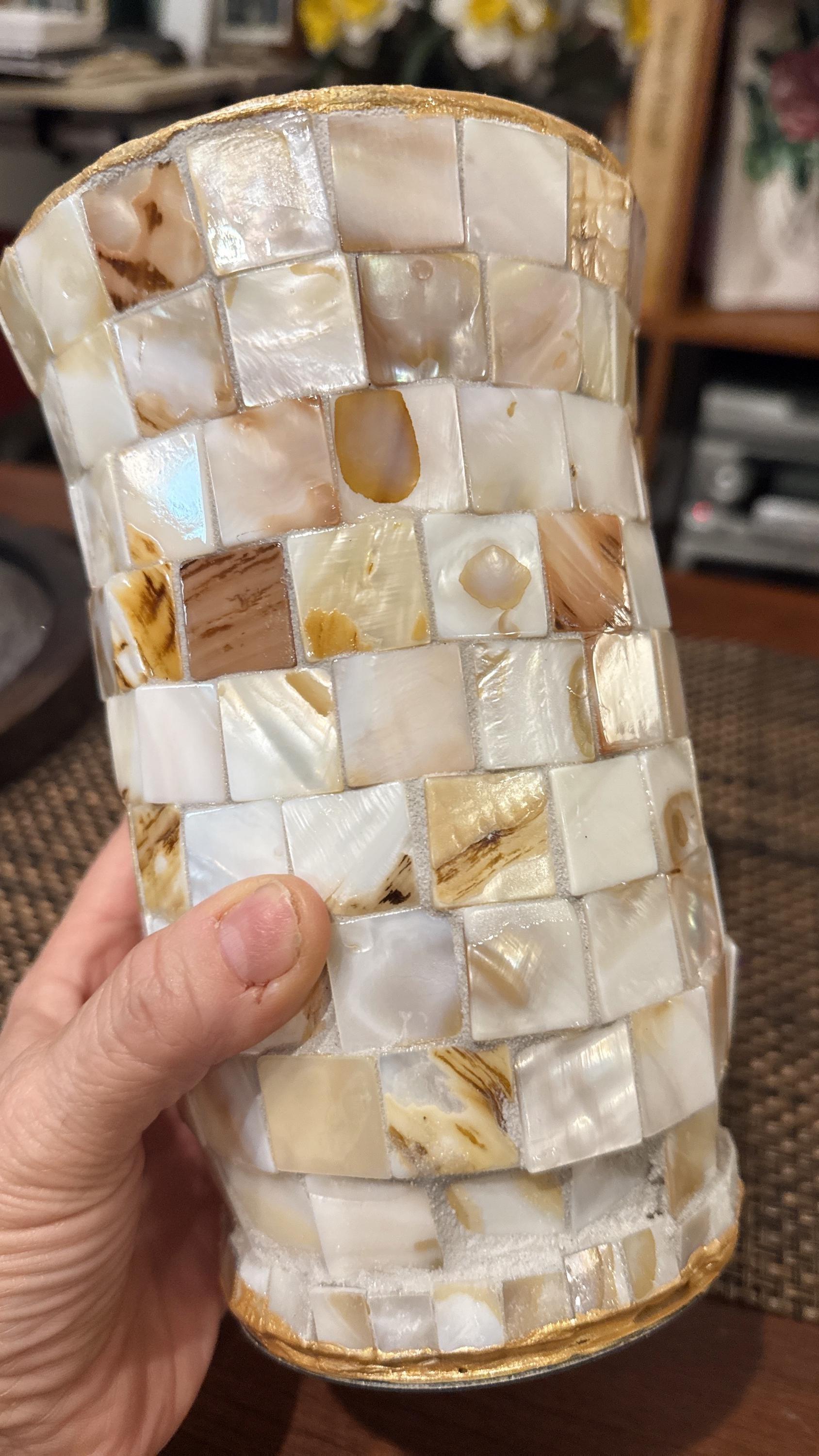 Handcrafted tapered mosaic vase featuring mother of pearl tiles with intricate mosaic patterns, showcasing elegant craftsmanship.