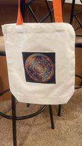 Handmade diamond art mandala design canvas tote bag with sturdy handles, featuring colorful intricate patterns and craftsmanship.