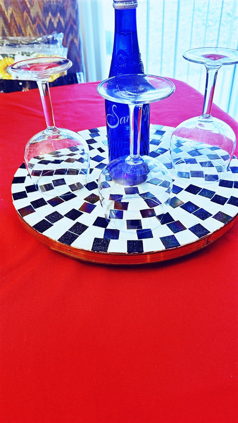 Lazy Susan | Black and White| Mosaic Tray| Wood and Tile Lazy Susan | Rotating Centerpiece
