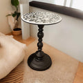 Handmade mosaic round side table with colorful tiled surface and wooden legs, perfect for living room or bedroom decor.