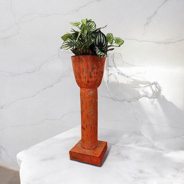 Tall Orange Decorative Planter| Handmade | Burnt Orange | Handpainted| Plant Tower | Recycled Materials