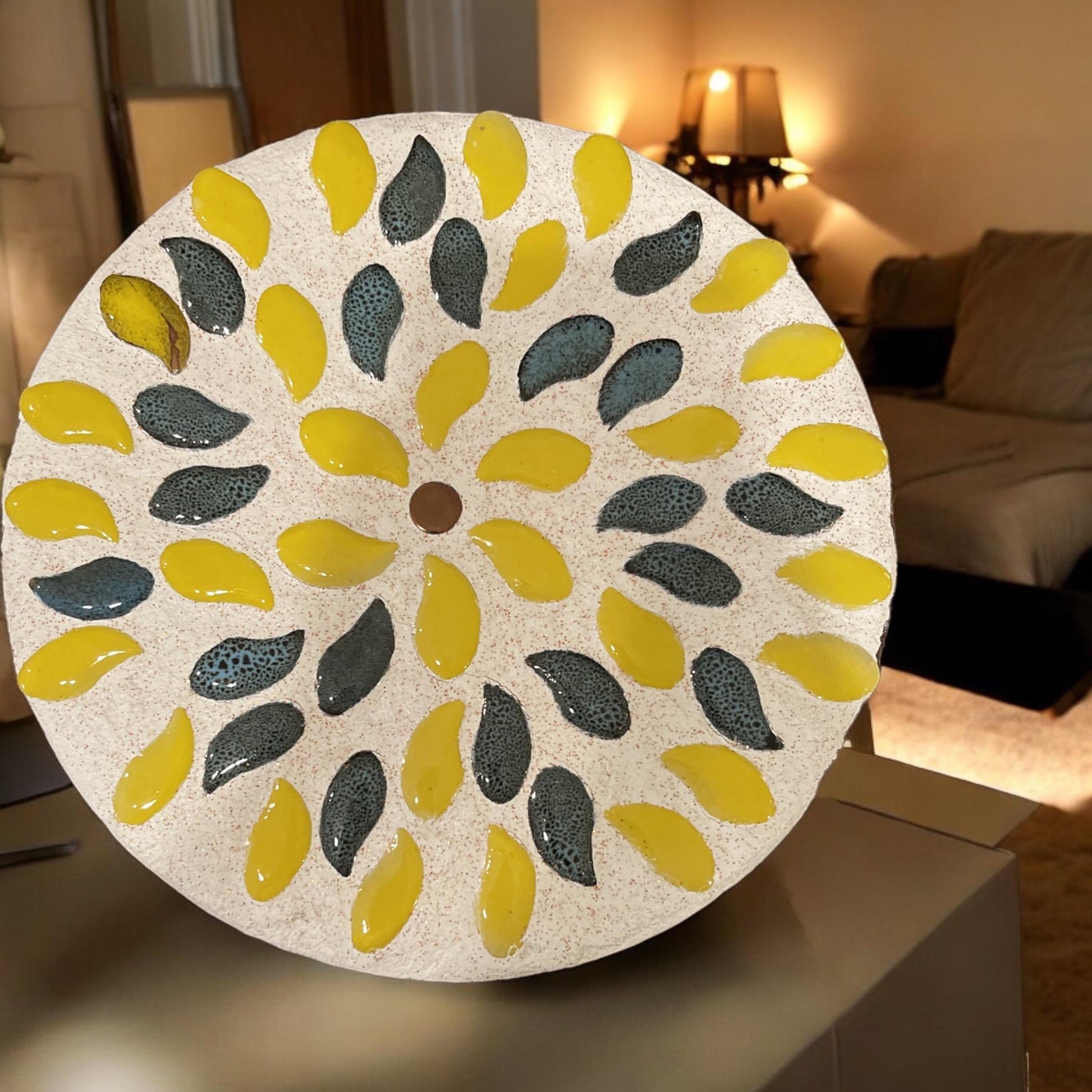 10-inch handcrafted botanical petal mosaic plant stand with colorful floral design for indoor or outdoor use