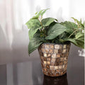 Mocha and cream mosaic Mother of Pearl planter by Miss Bette's Creations, featuring intricate mosaic design and glossy finish.