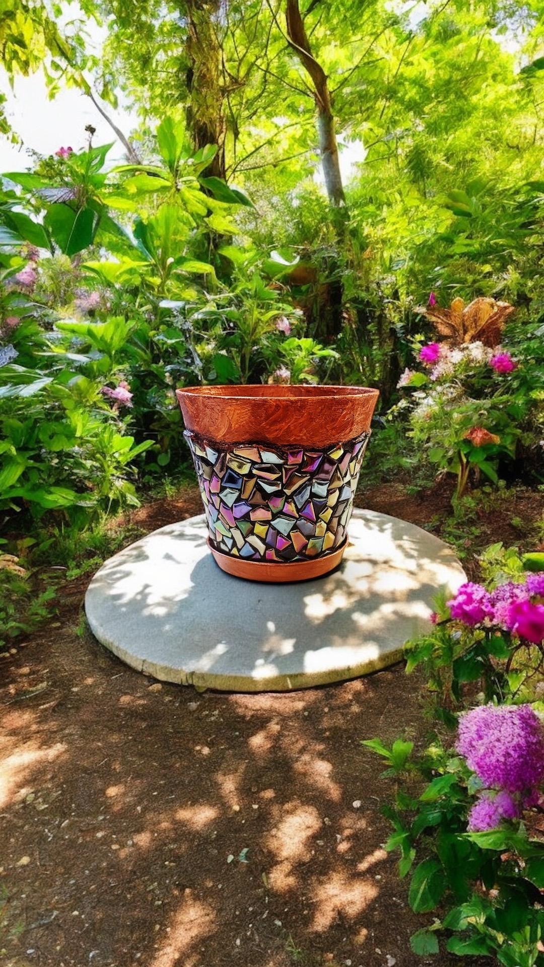 Iridescent mosaic planter with handcrafted design, showcasing colorful, shimmering tiles suitable for indoor or outdoor plants.
