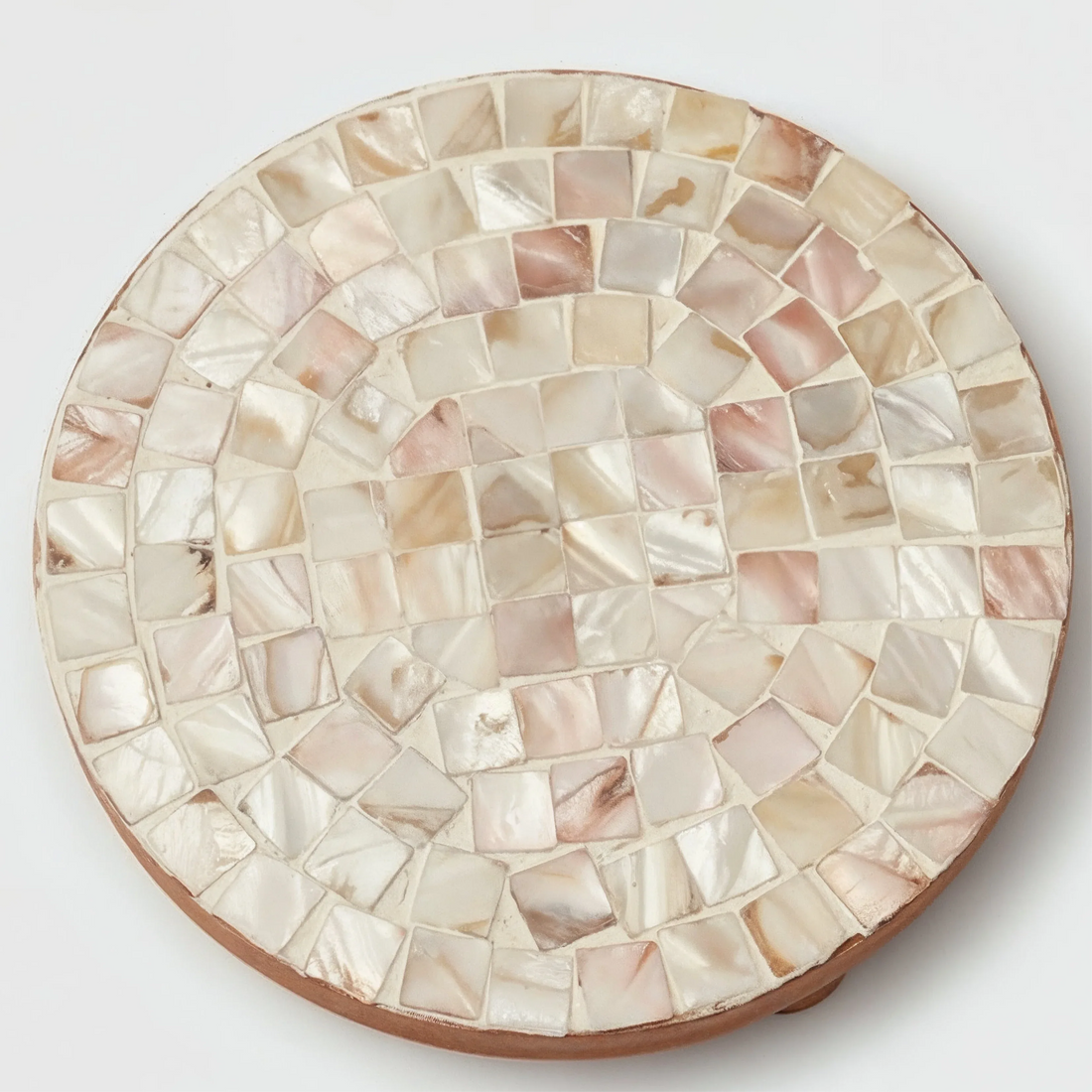Handmade mother of pearl mosaic decorative stand by Miss Bette's Creations, featuring intricate pearl inlay and elegant craftsmanship.
