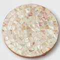 Handmade mother of pearl mosaic decorative stand by Miss Bette's Creations, featuring intricate pearl inlay and elegant craftsmanship.