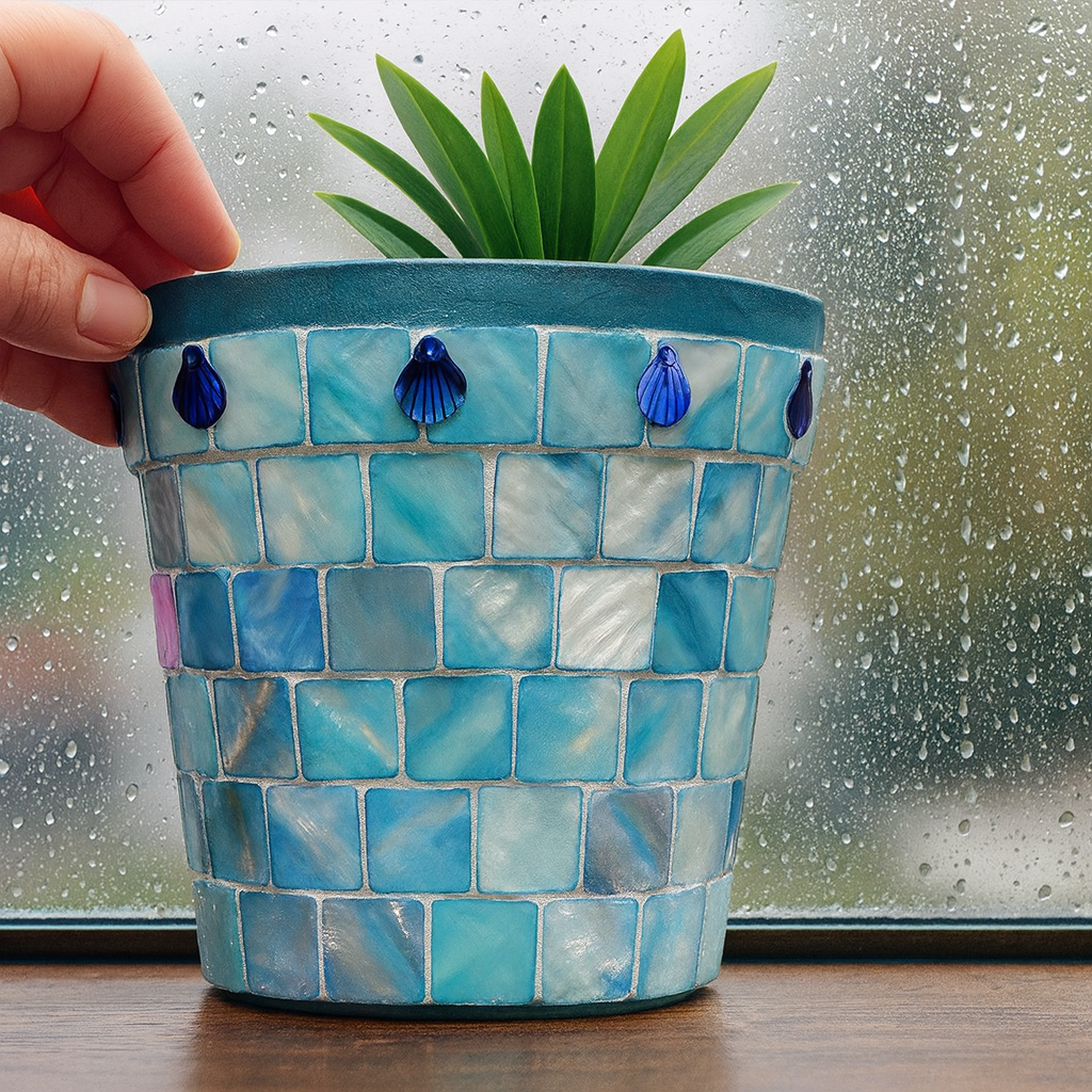 Artisan teal mosaic mother of pearl planter by Miss Bette's Creations with intricate mosaic design and glossy finish.