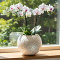Iridescent white scalloped mosaic bowl with handcrafted details, showcasing shimmering glass mosaic design and elegant shape.