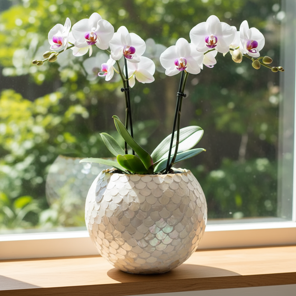 Iridescent white scalloped mosaic bowl with handcrafted details, showcasing shimmering glass mosaic design and elegant shape.