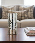 Silver mosaic mirror vase and candle holder with intricate mosaic pattern, elegant home decor accessory.