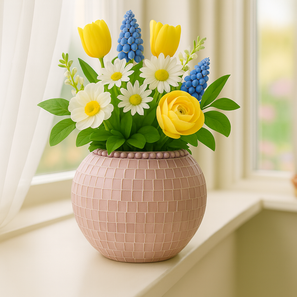 Blush rose mosaic globe vase with intricate pattern, glass material, and round shape for elegant floral arrangements.