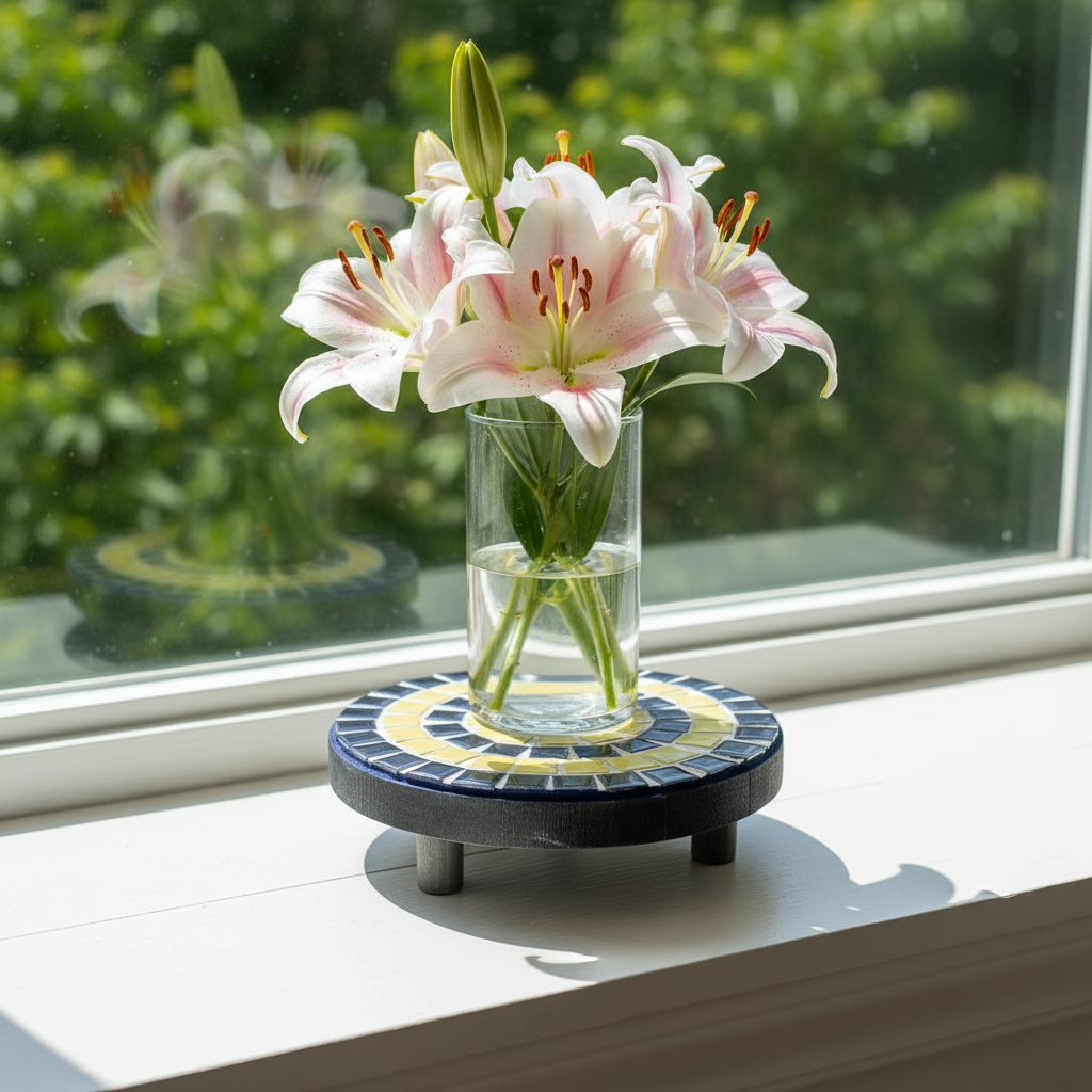 Handmade cobalt blue and yellow mosaic plant stand with intricate tile design, perfect for indoor or outdoor plants.