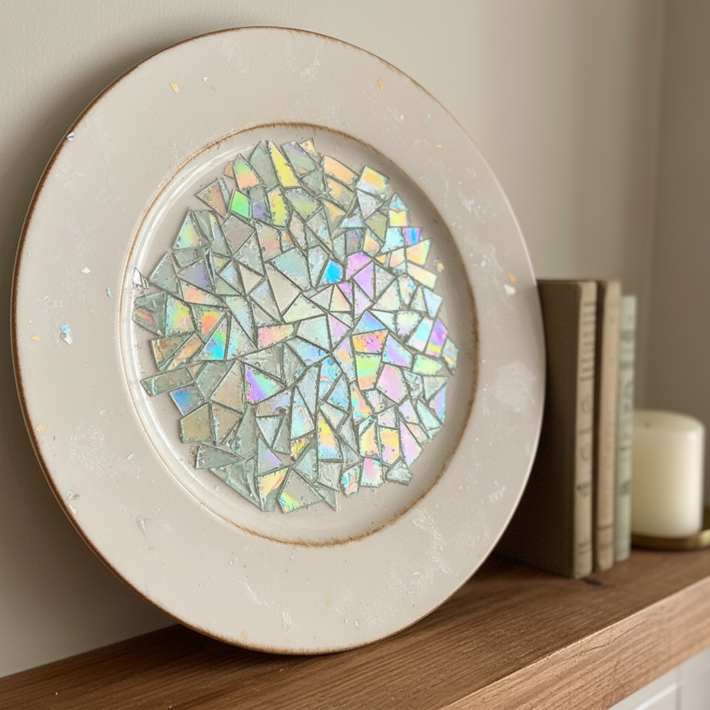 Multicolored rainbow mosaic fruit plate with vibrant glass pieces arranged in a decorative pattern featuring various fruit shapes.