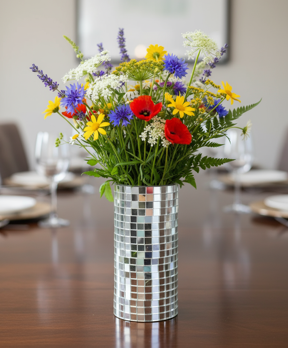 Silver mosaic mirror vase and candle holder with intricate tile design, elegant decorative piece for home decor.