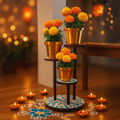 Three-tier mosaic multi-level plant stand showcasing colorful ceramic planters on a wooden frame, ideal for indoor or outdoor decor.