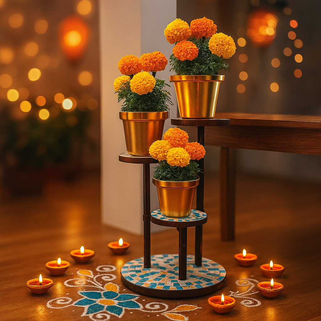 Three-tier mosaic multi-level plant stand showcasing colorful ceramic planters on a wooden frame, ideal for indoor or outdoor decor.