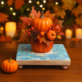 Square turquoise mother of pearl plant stand with handcrafted design, showcasing a decorative and elegant display piece.