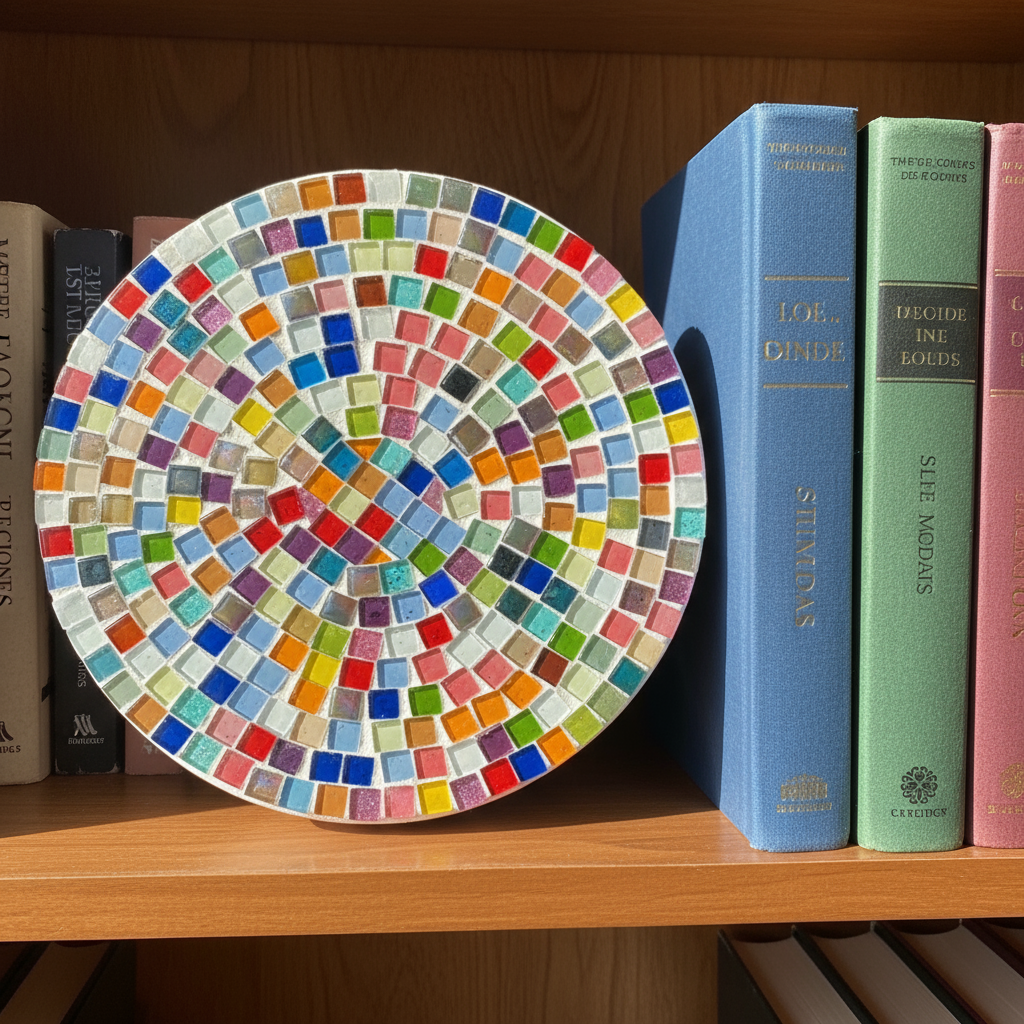 Handcrafted white rainbow mosaic plant stand with colorful tile design for indoor or outdoor use.