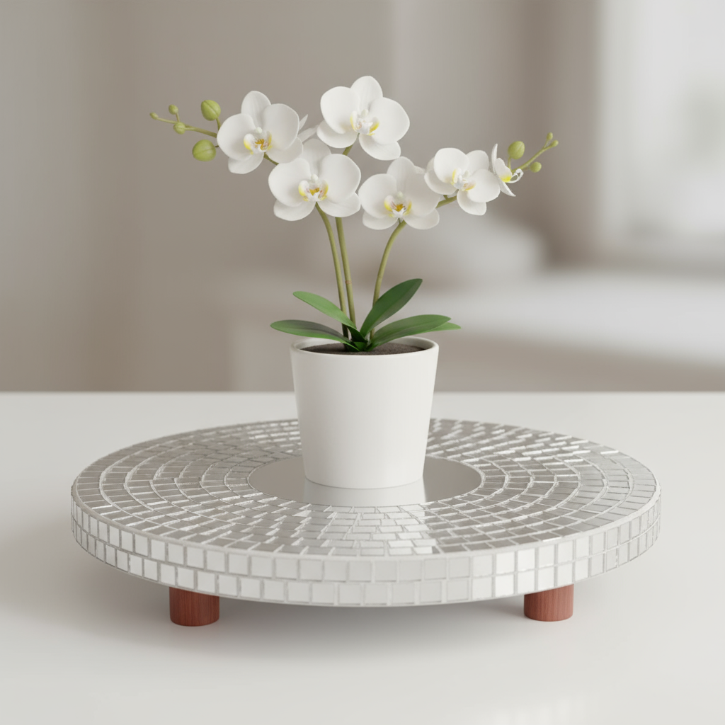 Reflective mirror mosaic pedestal stand by Miss Bette's Creations, featuring a decorative, mirrored surface and sturdy base.