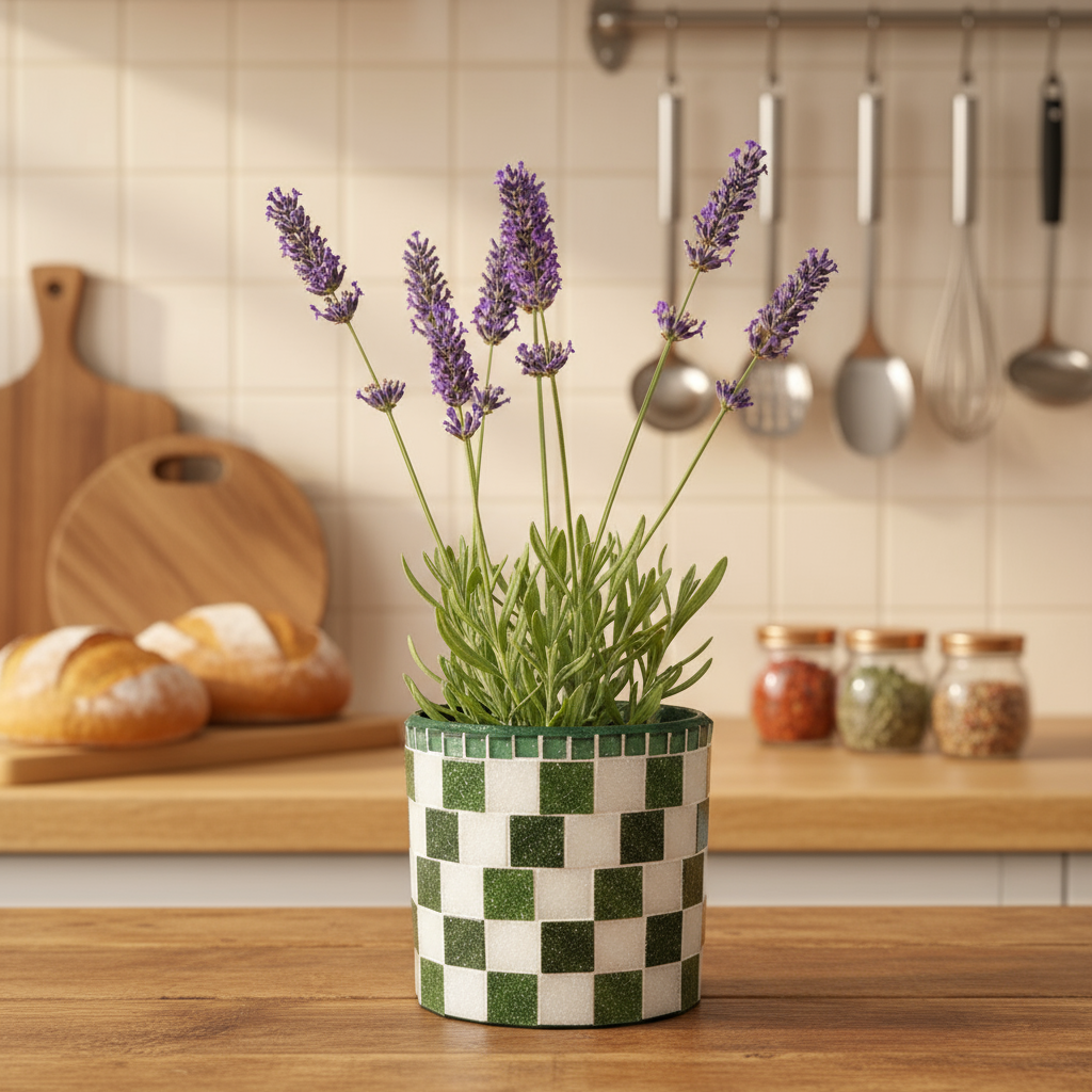 Modern green and white checkerboard mosaic herb planter with square design, perfect for indoor or outdoor herb gardening.