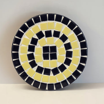 Handmade cobalt blue and yellow mosaic plant stand with intricate tile design, perfect for indoor or outdoor decor.
