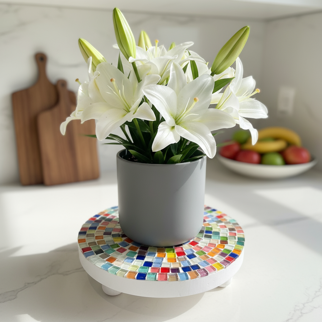 Handcrafted white rainbow mosaic plant stand with colorful tile design, perfect for displaying indoor or outdoor potted plants.