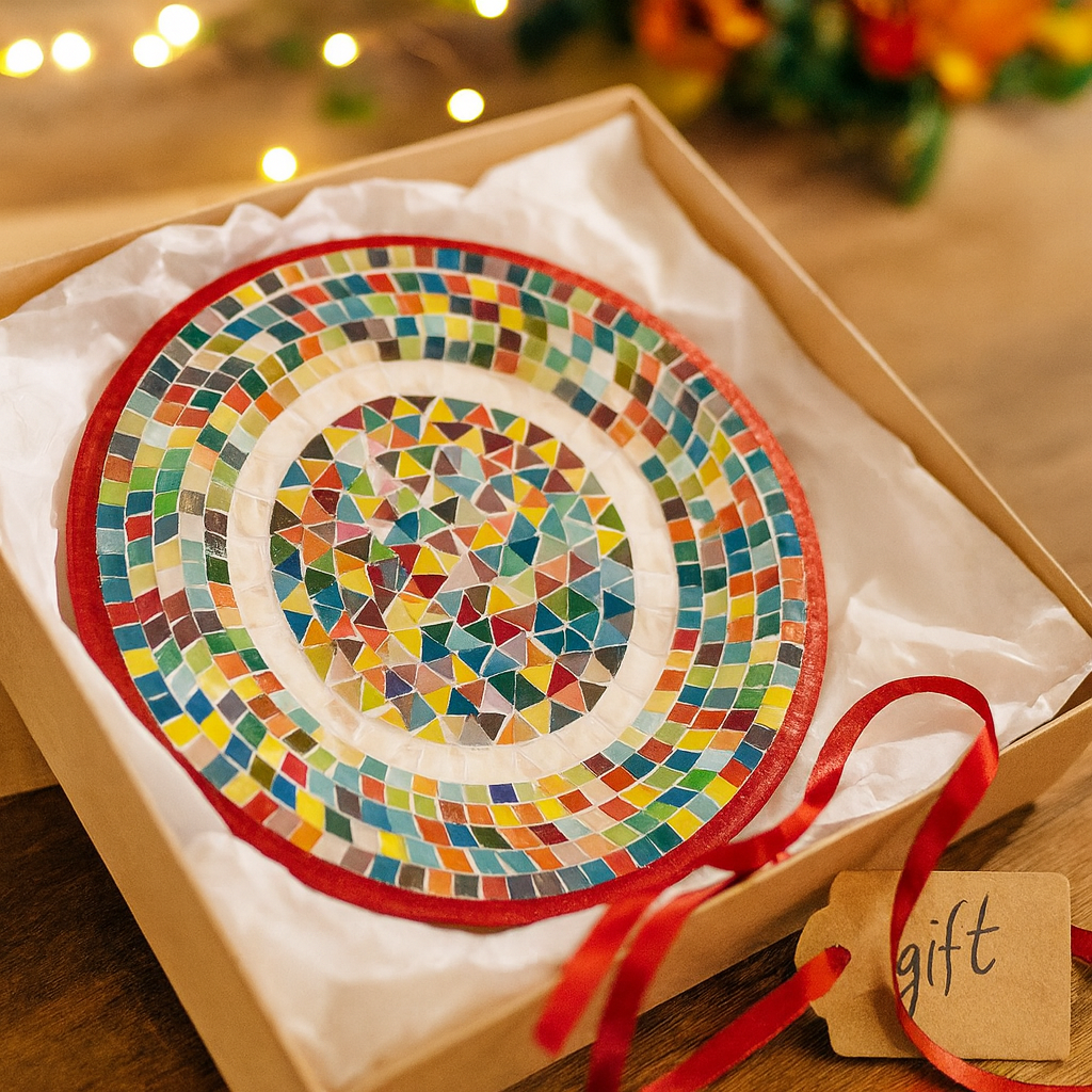 Colorful handcrafted mosaic fruit bowl with vibrant fruit patterns, showcasing detailed mosaic artwork and bright, artistic design.