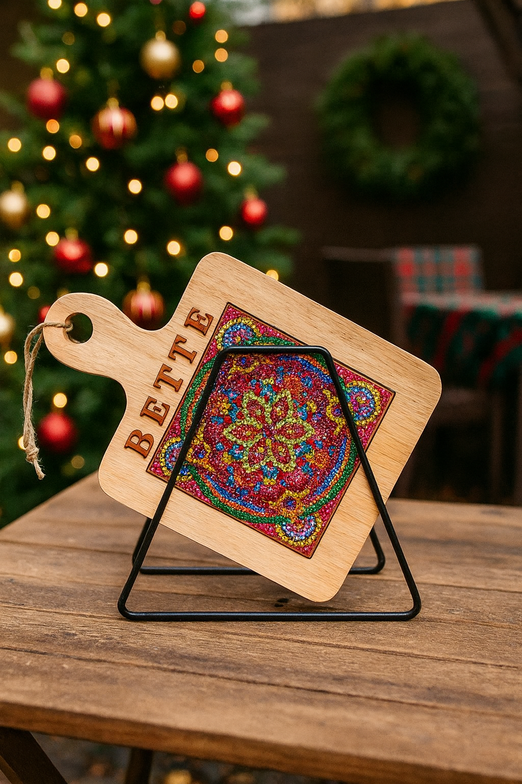 Handcrafted diamond art wood cutting board featuring intricate diamond patterns and smooth finish, perfect for kitchen decor and serving.