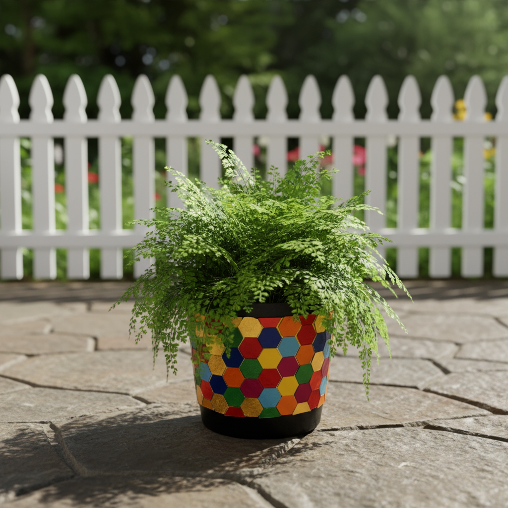 Colorful flower bouquet in a rainbow mosaic hexagon planter, showcasing vibrant blooms and decorative ceramic design.