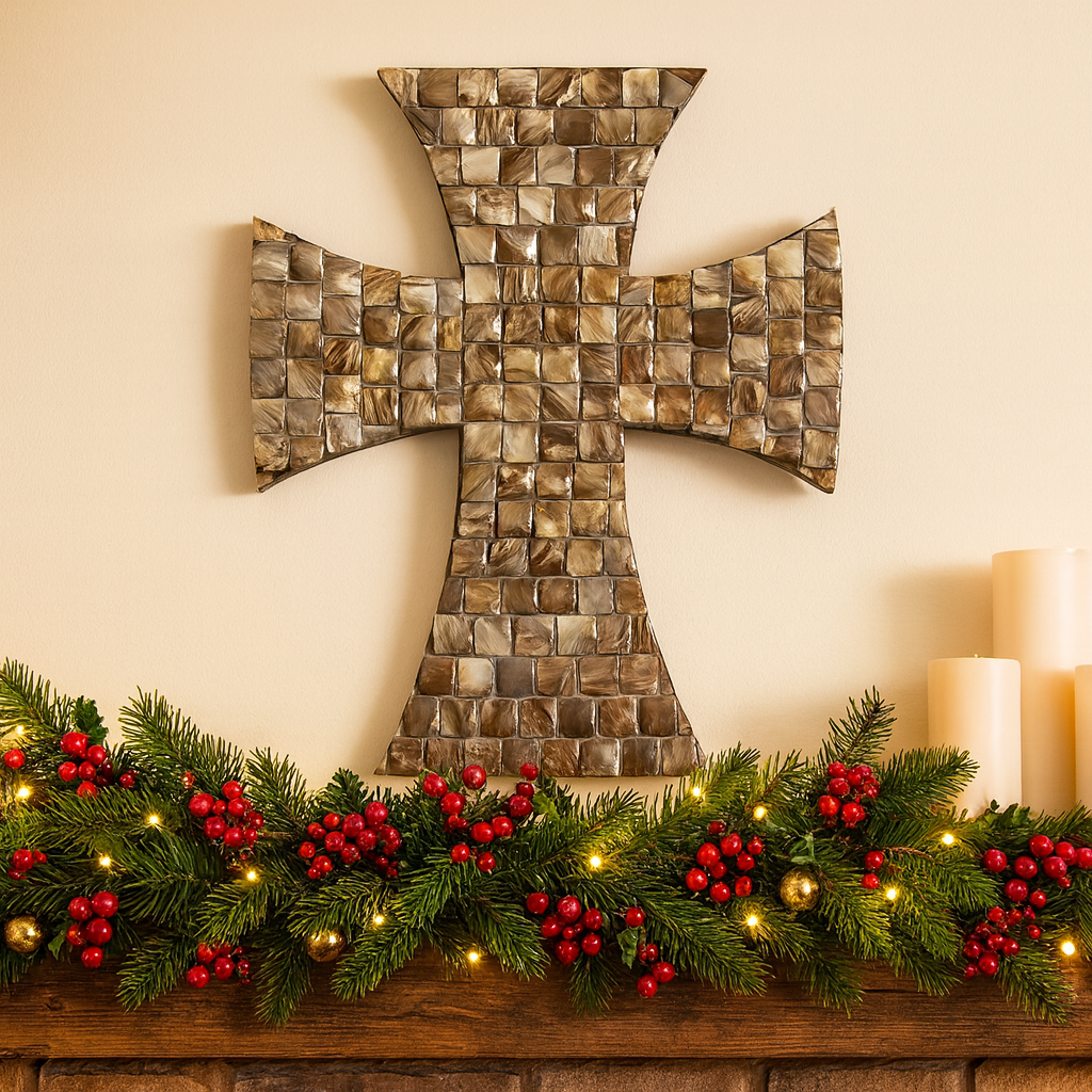 Mother of pearl mosaic cross with intricate pearl inlay, featuring a detailed religious design on a decorative background.