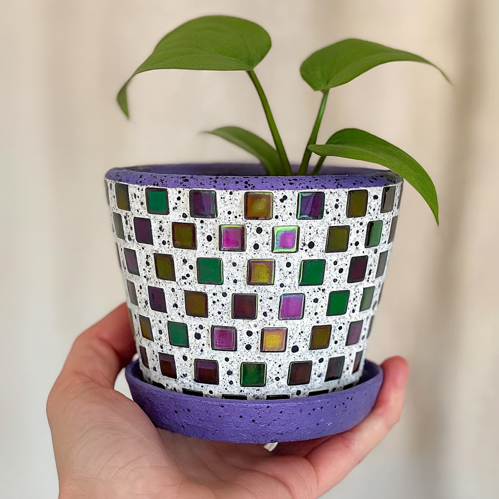 Colorful purple and green mosaic flower pot with a floral design, perfect for adding vibrant decor to indoor or outdoor spaces.
