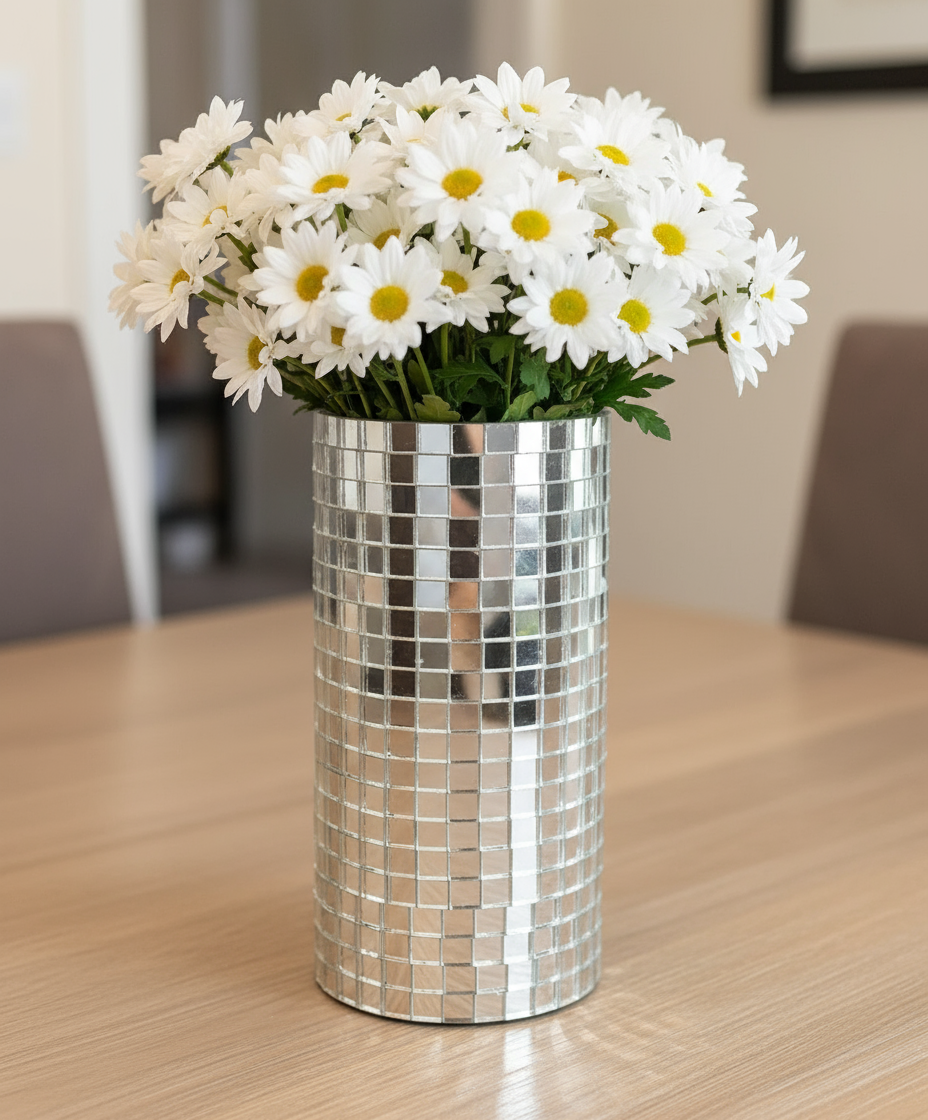 Silver mosaic mirror vase and candle holder with intricate tile patterns, showcasing elegant craftsmanship and reflective surface.