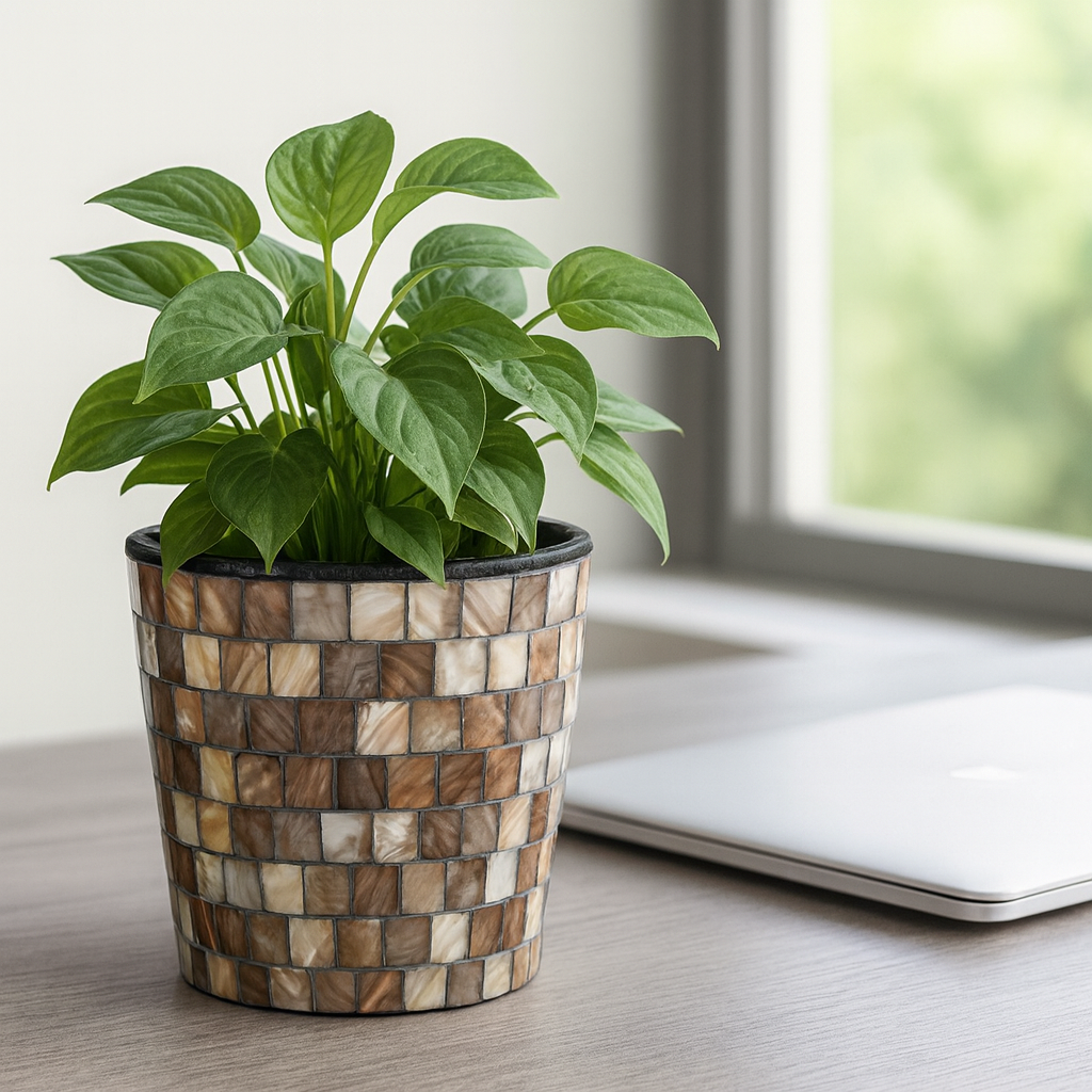 Miss Bette's Creations mocha and cream mosaic mother of pearl planter with intricate mosaic design and elegant finish.