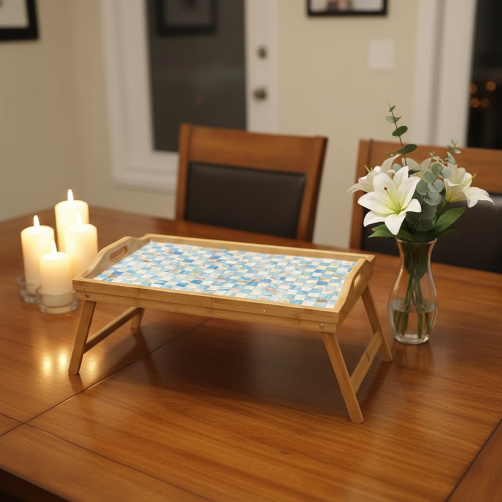 Luxury bamboo bed tray with mosaic inlay, featuring a sleek design and natural wood finish for convenient breakfast or work use.