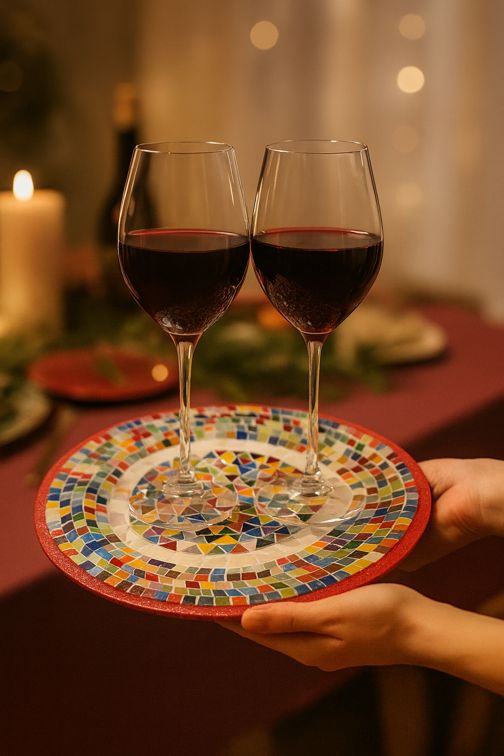 Colorful handcrafted mosaic fruit bowl with vibrant patterns, showcasing intricate tile work and a rounded shape.