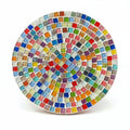 White rainbow mosaic handcrafted plant stand with colorful tile design, stylish and sturdy for indoor or outdoor use.