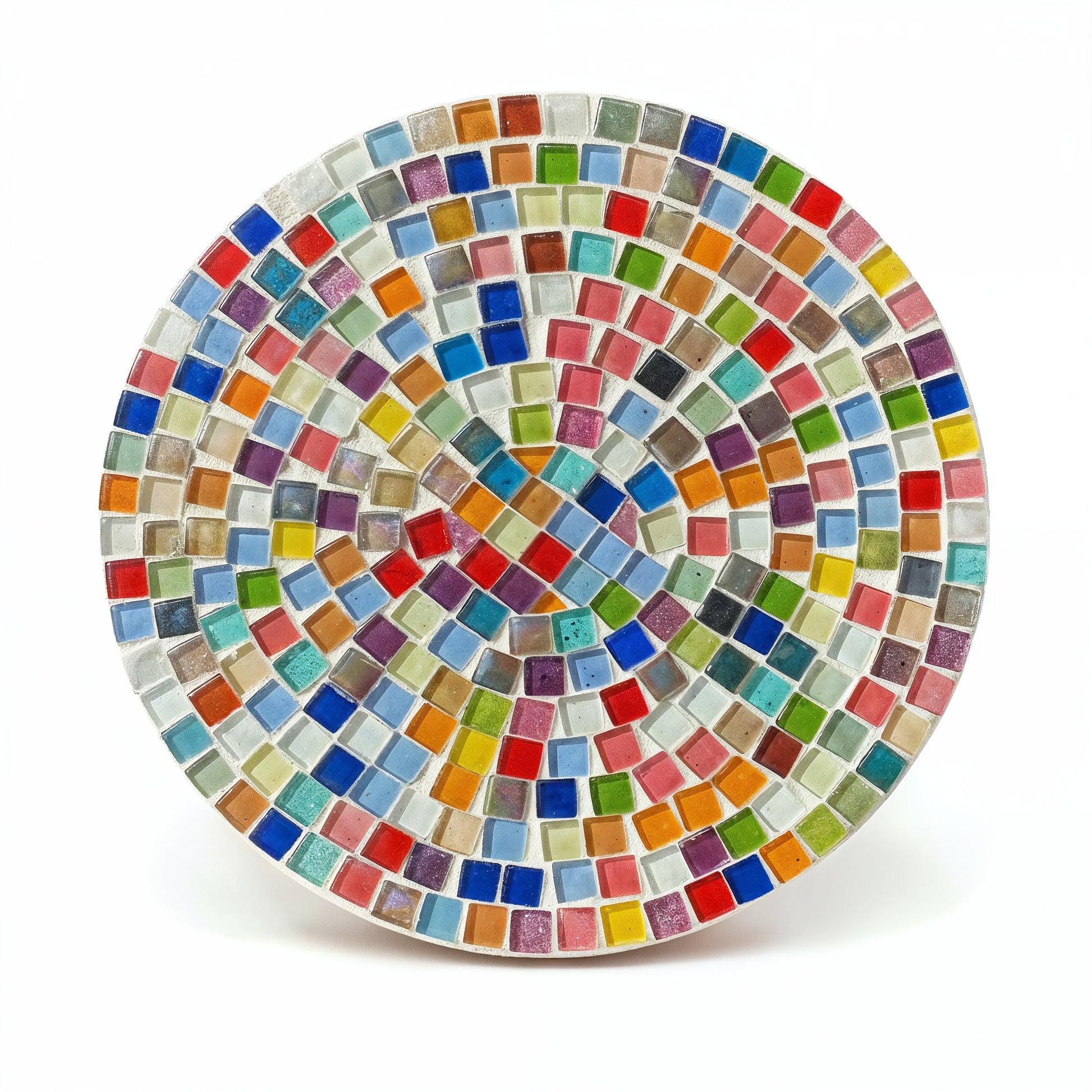 White rainbow mosaic handcrafted plant stand with colorful tile design, stylish and sturdy for indoor or outdoor use.