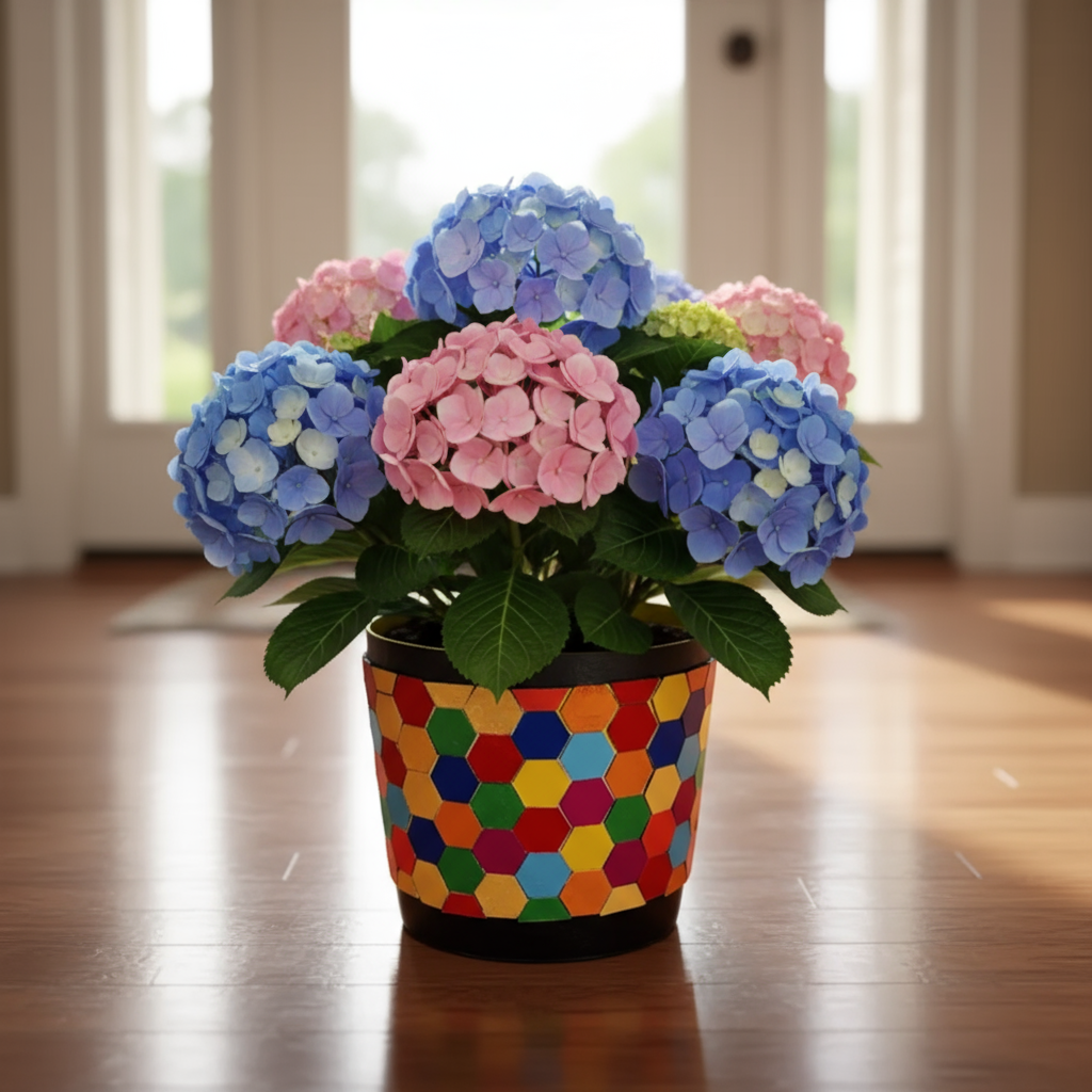 Colorful flower bouquet in a rainbow mosaic hexagon planter, featuring vibrant blooms and geometric design.