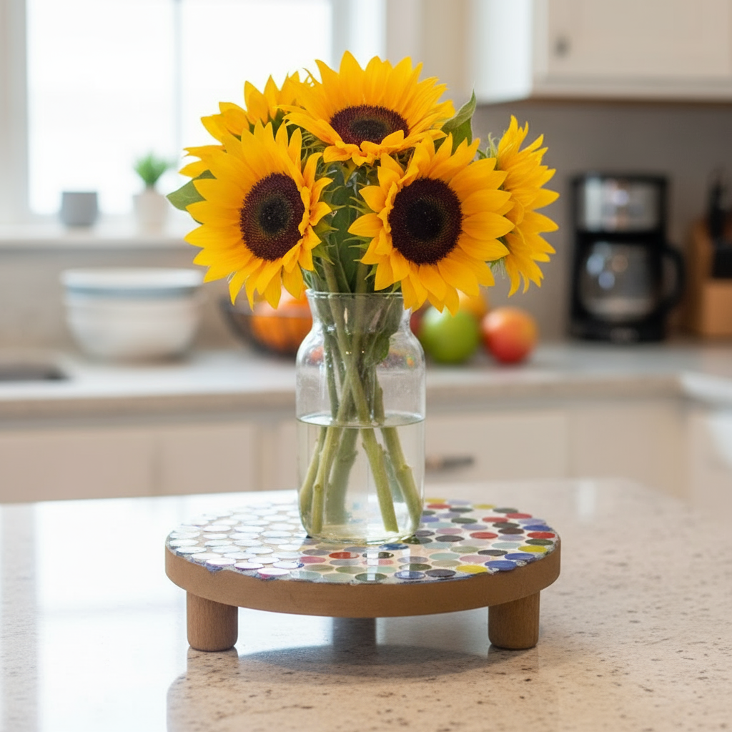 Handcrafted polka dot rainbow mosaic plant stand by Miss Bette's Creations featuring colorful tiled design for indoor or outdoor decor