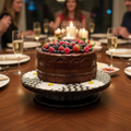 Daisy floral mosaic design on a ceramic cake plate with intricate colorful flower patterns and a decorative border.