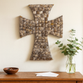 Mother of Pearl mosaic cross with intricate, shiny pearl inlay, showcasing detailed craftsmanship and religious symbolism.